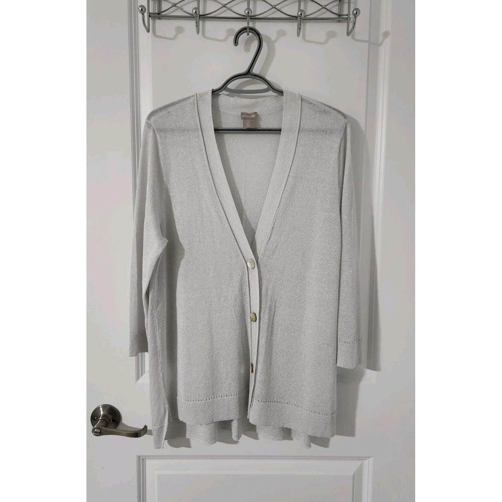Chico's‎ Women's Knit sparkly silver Light Gray Cardigan Sweater Size L